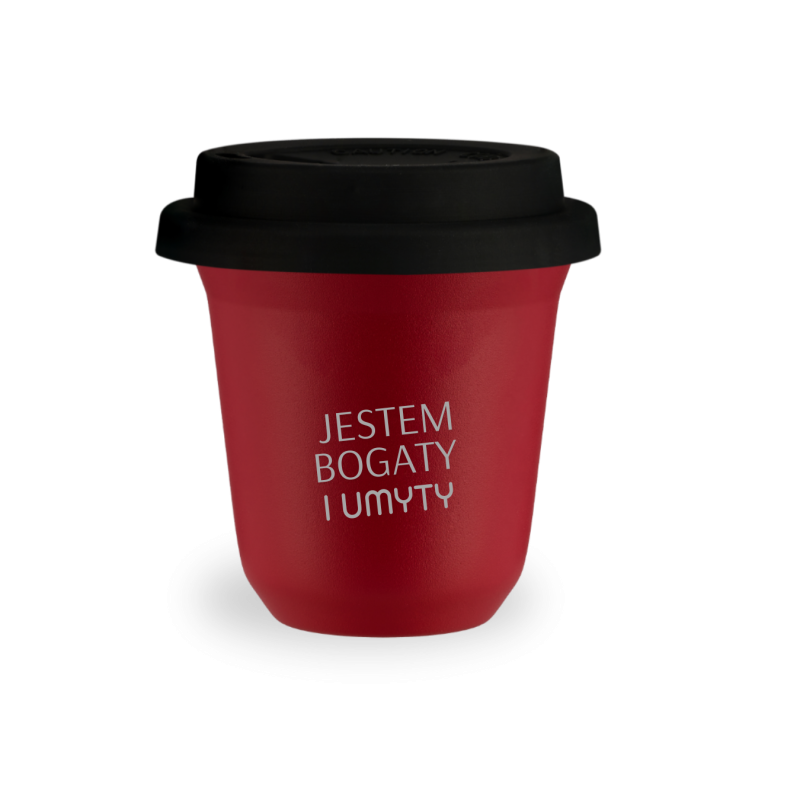 Kubek 80 ml CZERWONY "Jestem bogaty i umyty", z pokrywką czarną